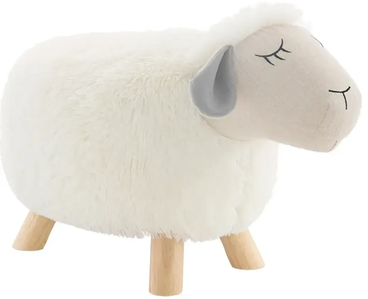 Fluffy Off White and Gray Sheep Stool with Wooden Legs