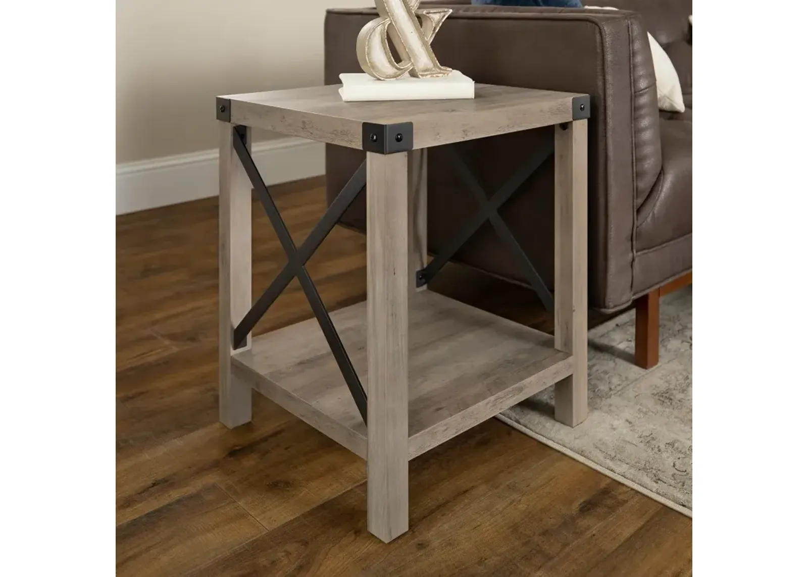 Metal X Rustic Gray Wash Side Table - Walker Edison