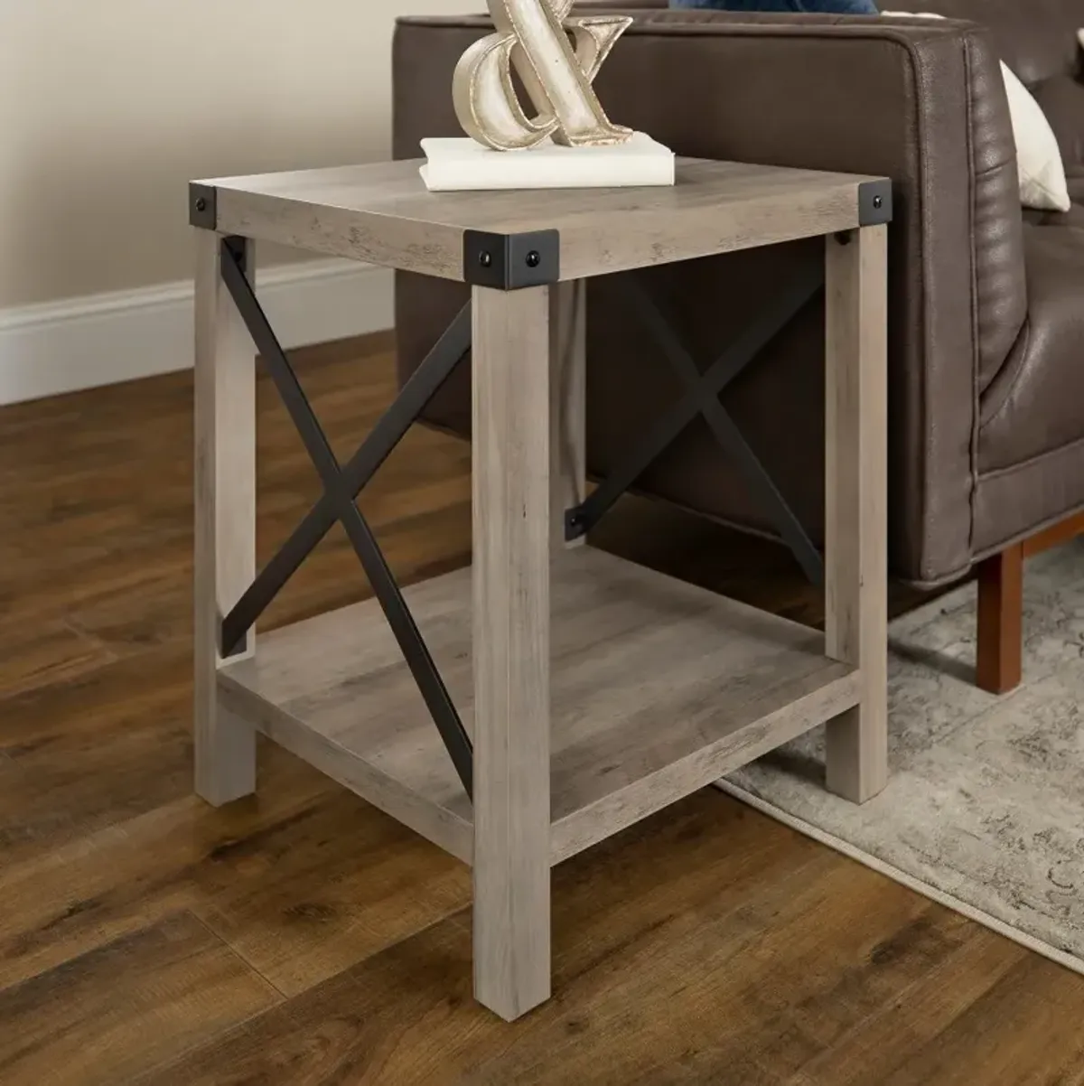 Metal X Rustic Gray Wash Side Table - Walker Edison