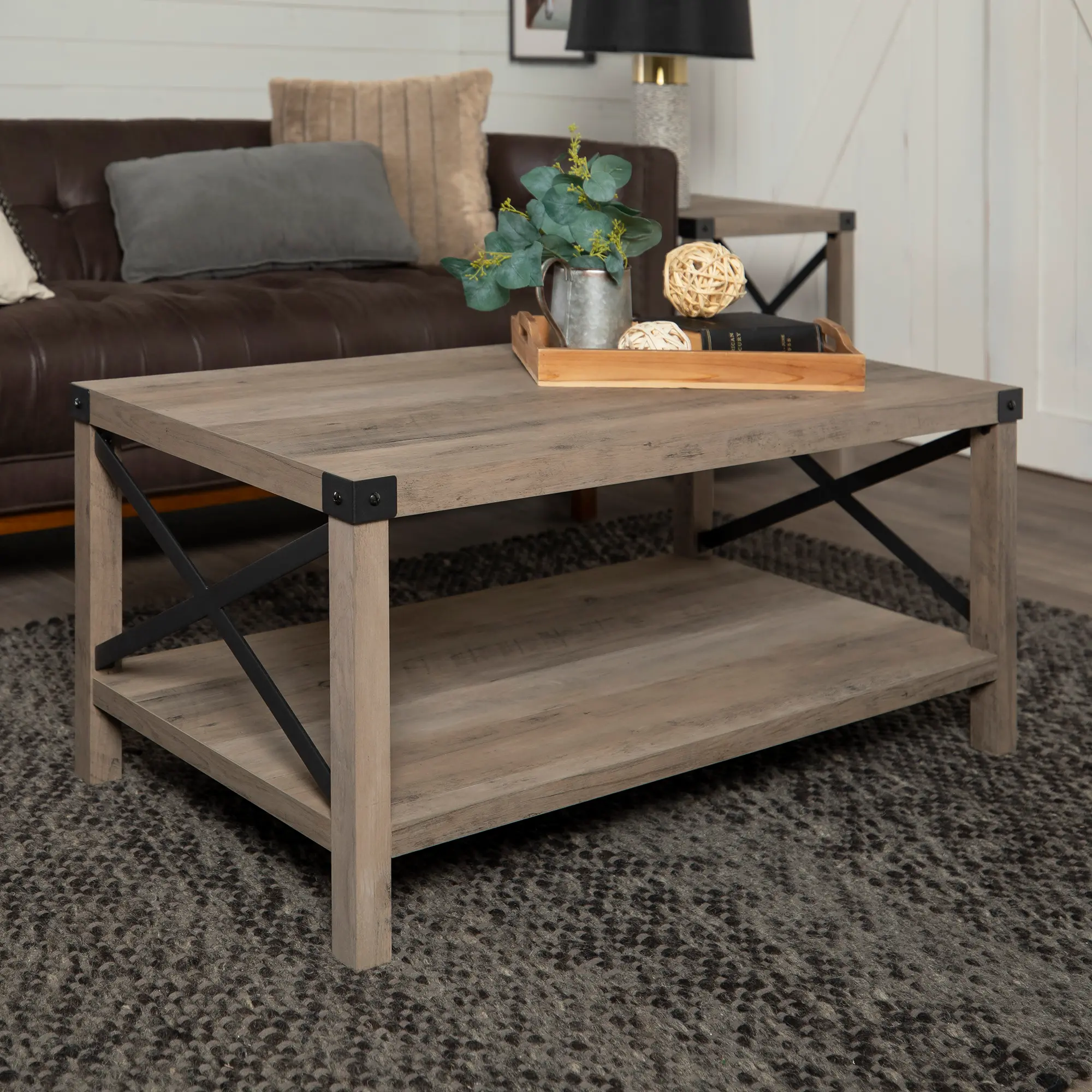 Metal X Rustic Gray Wash Coffee Table - Walker Edison