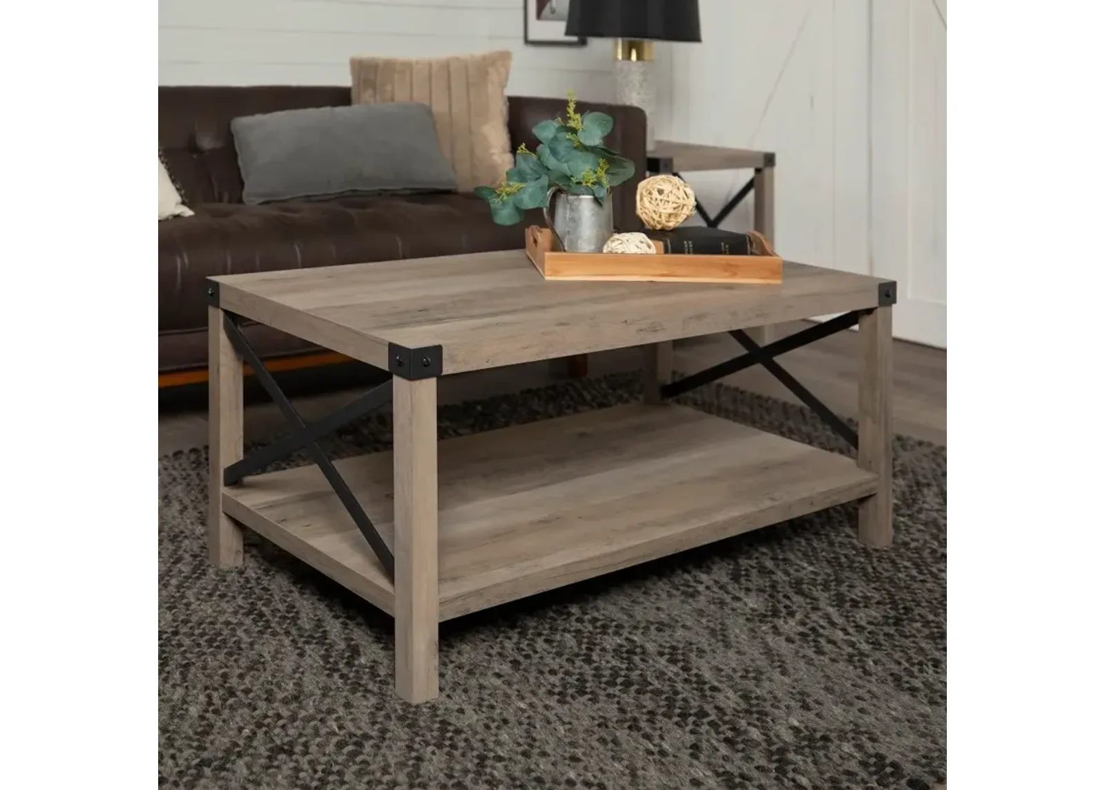 Metal X Rustic Gray Wash Coffee Table - Walker Edison