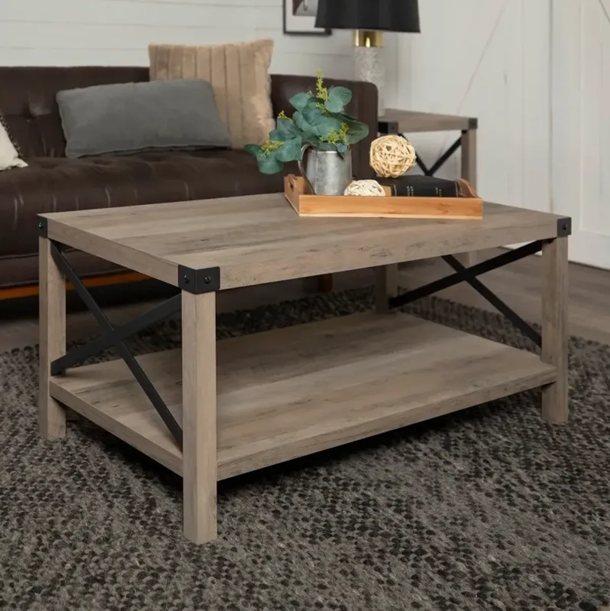 Metal X Rustic Gray Wash Coffee Table - Walker Edison