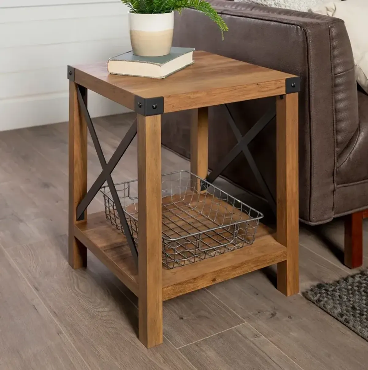 Metal X Rustic Oak Wood Side Table - Walker Edison