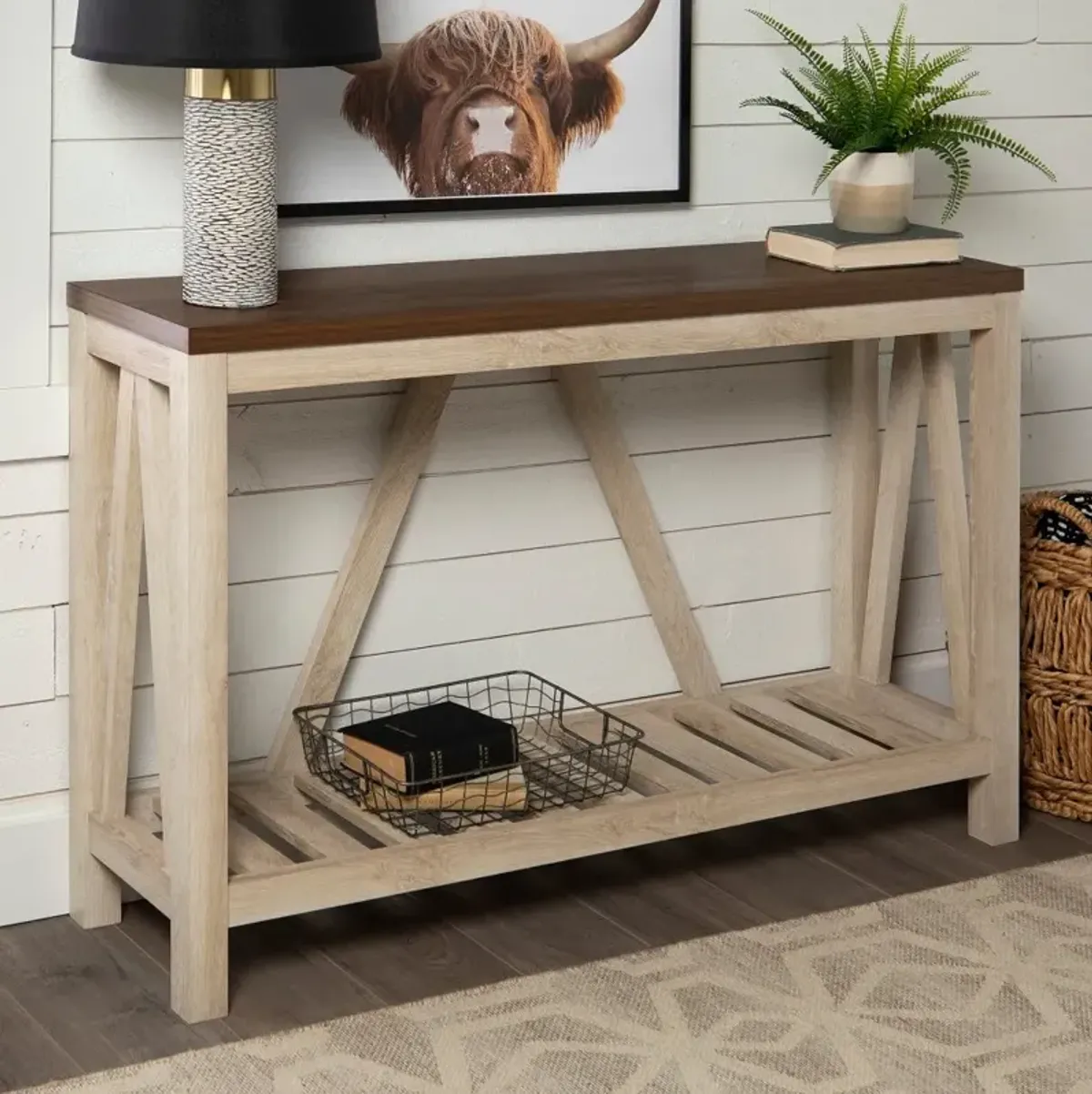 52 Inch Dark Walnut and White Oak Rustic Entryway Sofa Table -...