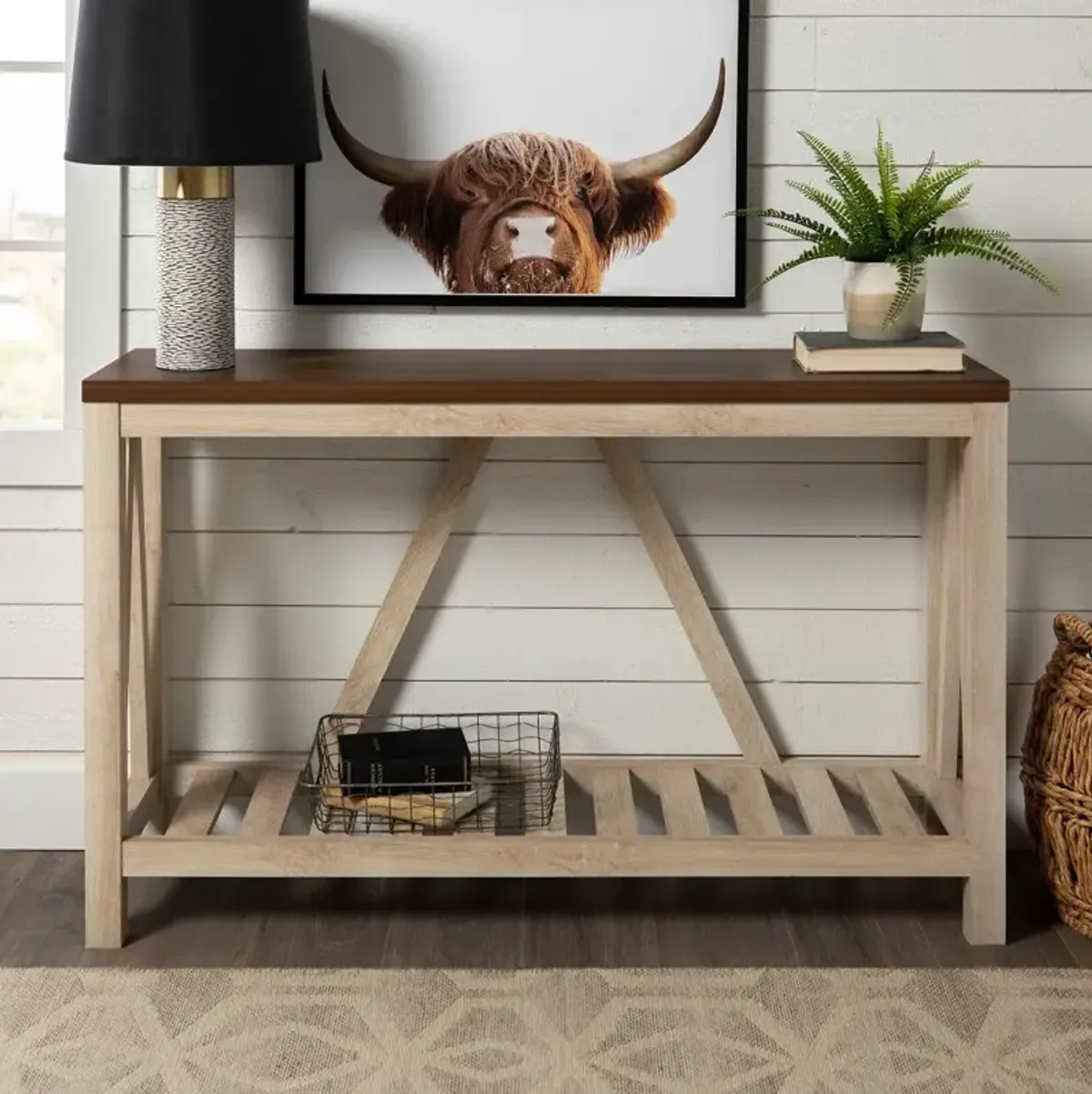 52 Inch Dark Walnut and White Oak Rustic Entryway Sofa Table - Walker Edison