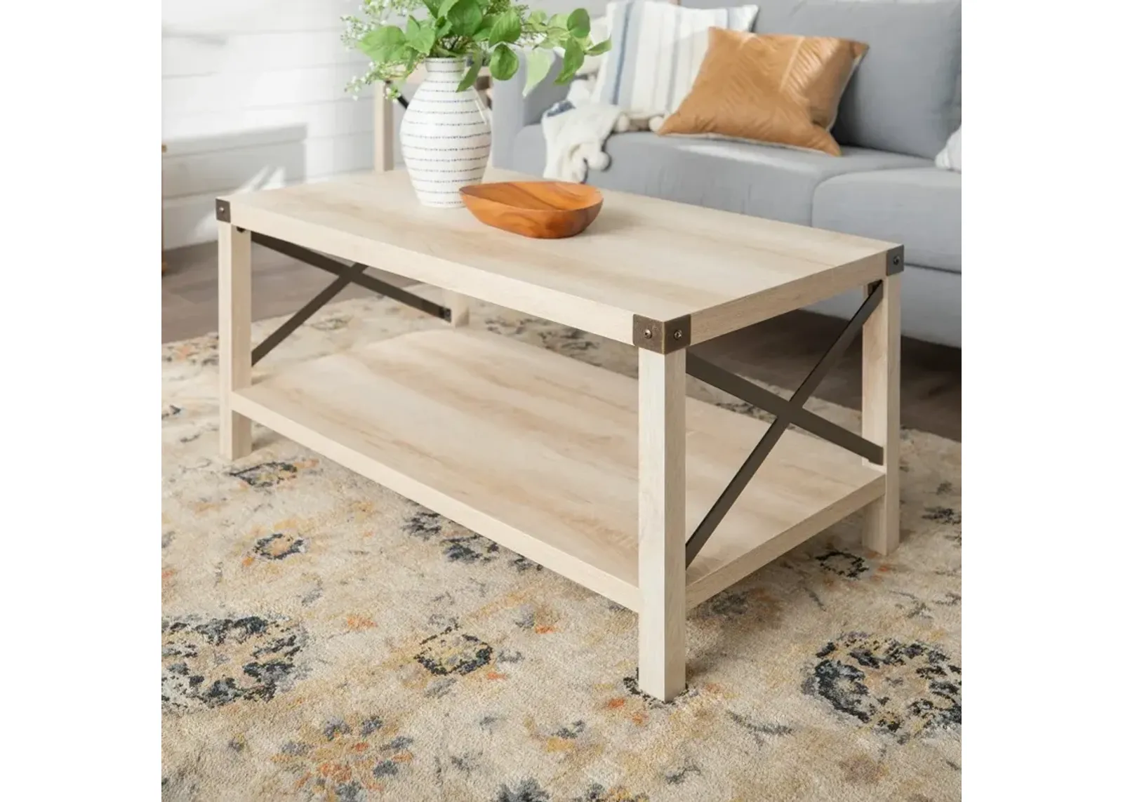 Metal X Rustic White Oak Wood Coffee Table - Walker Edison