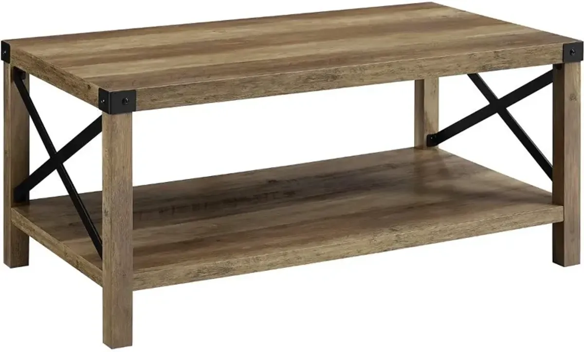 Metal X Rustic Oak Wood Coffee Table - Walker Edison