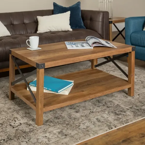 Metal X Rustic Oak Wood Coffee Table - Walker Edison