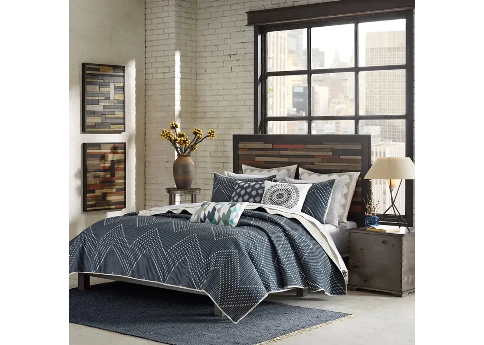 Navy and Light Taupe 3 Piece King Pamona Coverlet Bedding Set