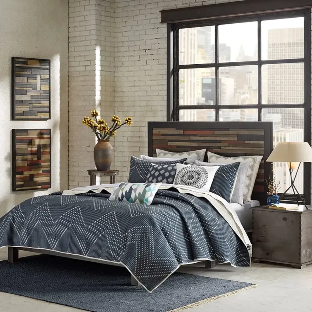 Navy and Light Taupe 3 Piece King Pamona Coverlet Bedding Set