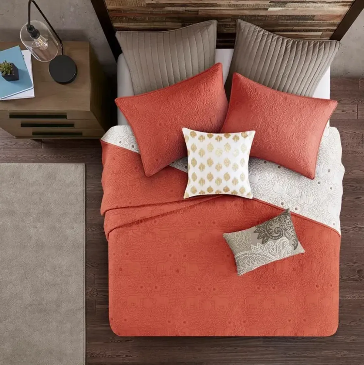 Burnt Orange and Tan King Kandula 3 Piece Coverlet Set