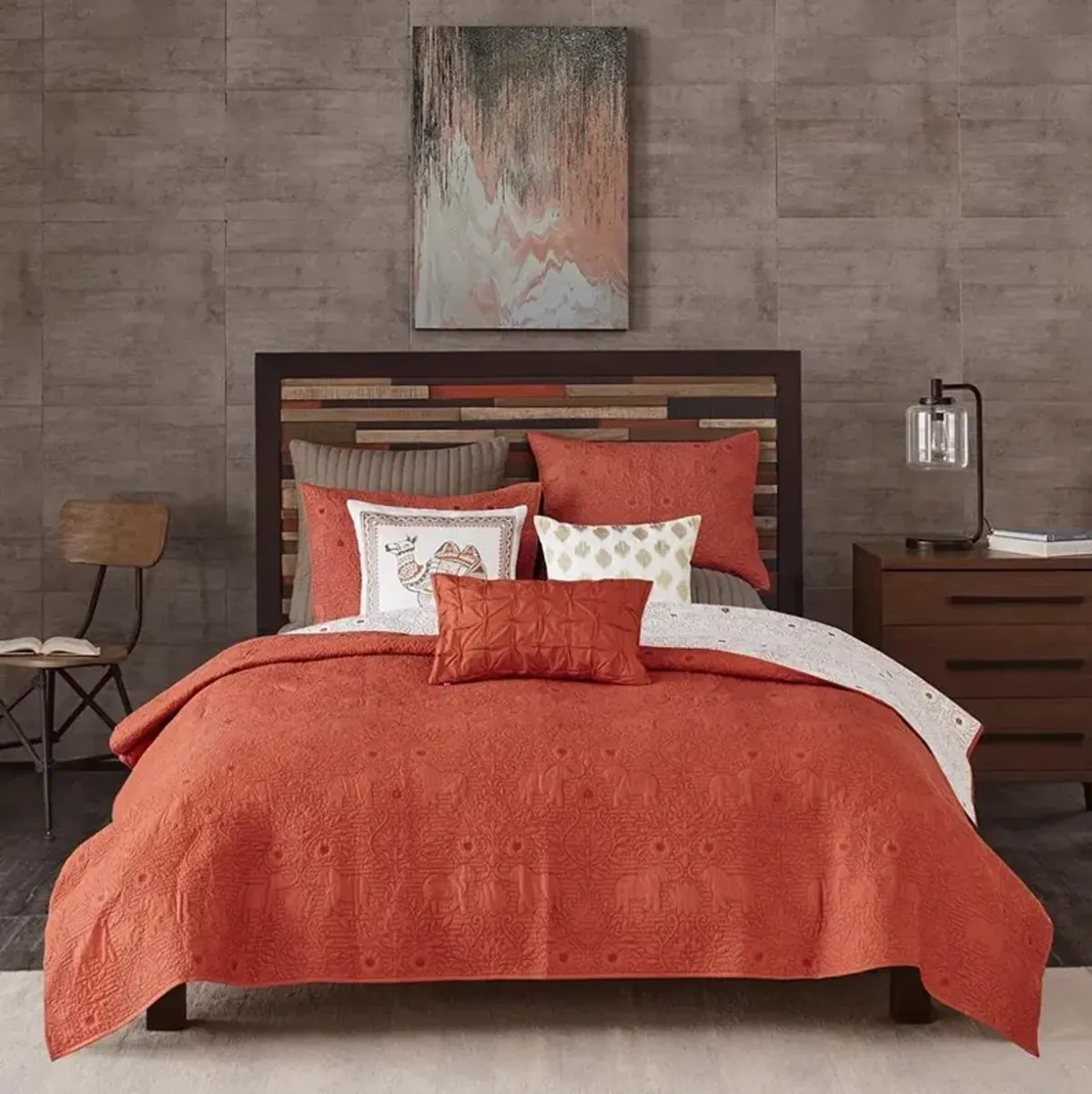 Burnt Orange and Tan King Kandula 3 Piece Coverlet Set