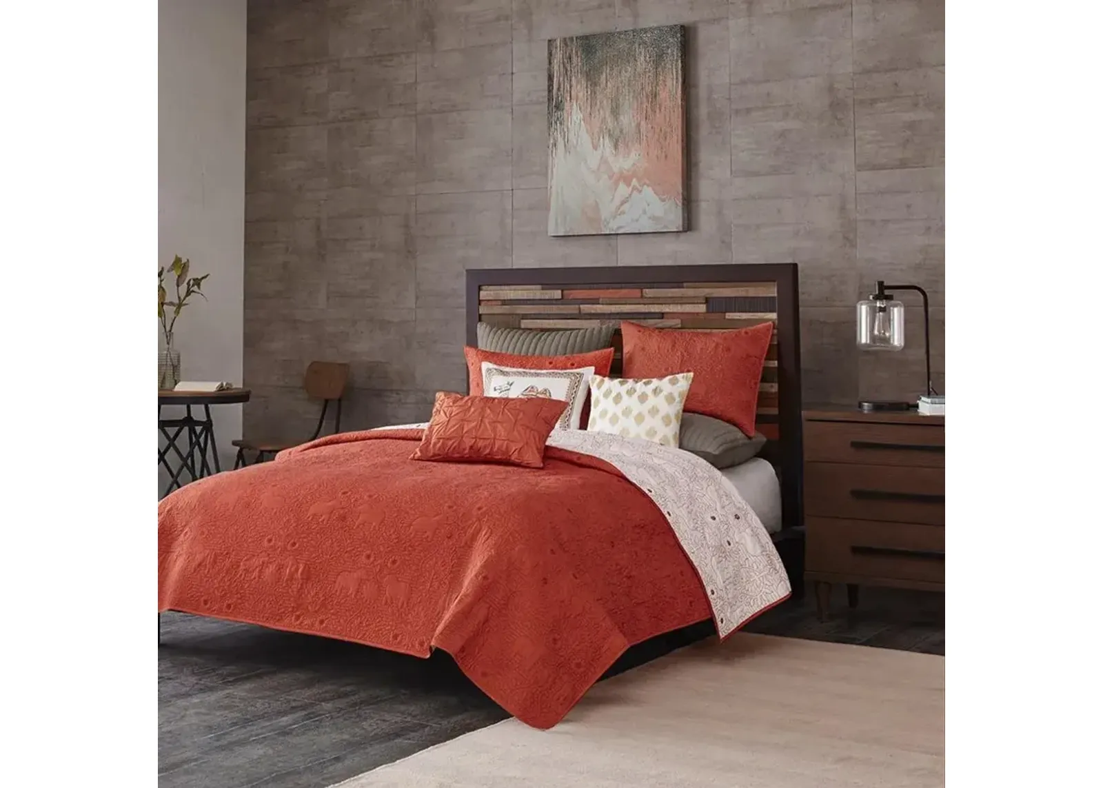 Burnt Orange and Tan King Kandula 3 Piece Coverlet Set