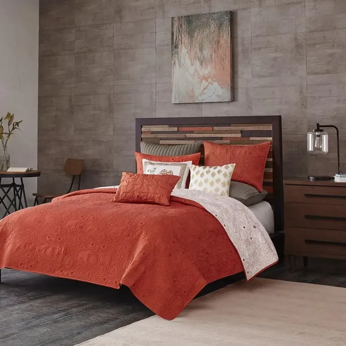 Burnt Orange and Tan King Kandula 3 Piece Coverlet Set