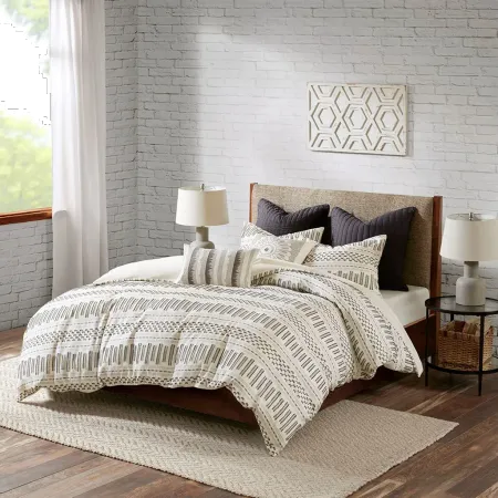 Natural White and Charcoal Queen Rhea 3 Piece Bedding Collection