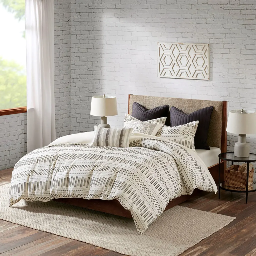 Natural White and Charcoal Queen Rhea 3 Piece Bedding Collection