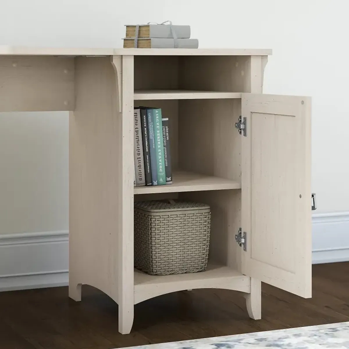 Salinas Antique White Corner Pedestal Desk - Bush Furniture