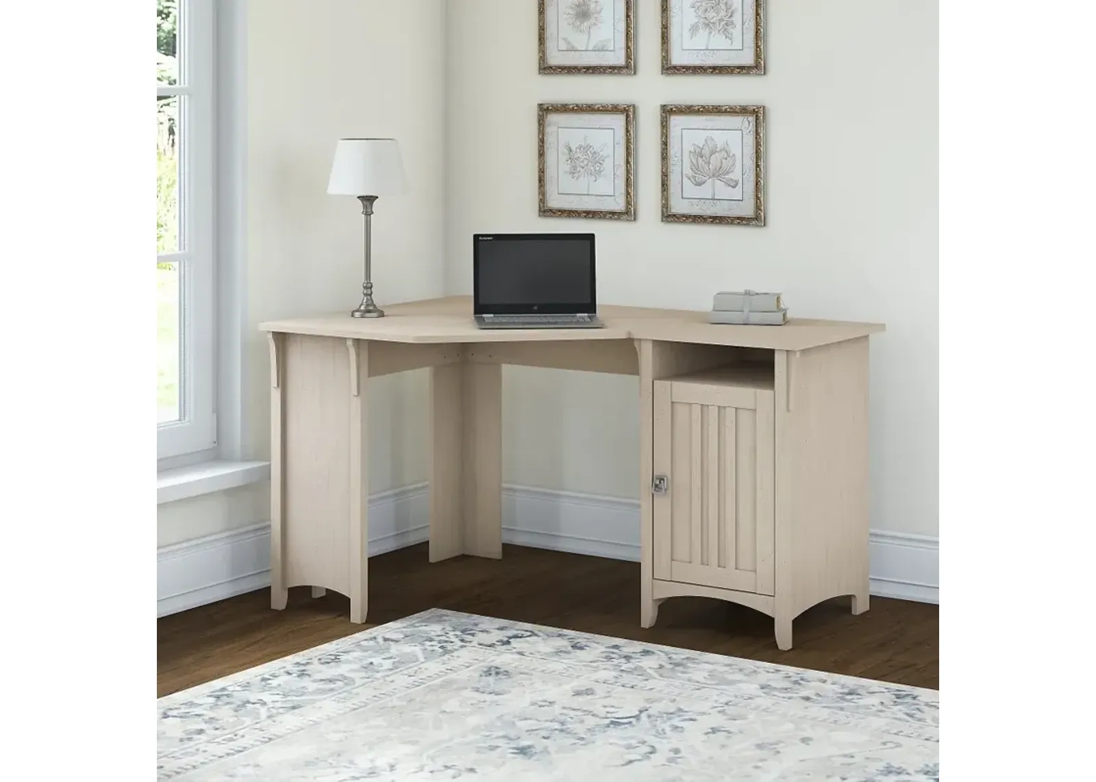 Salinas Antique White Corner Pedestal Desk - Bush Furniture