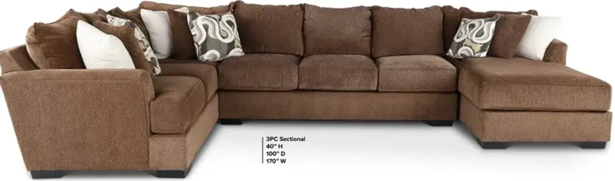 Tranquility Brown 3 Piece Sofa Bed Sectional