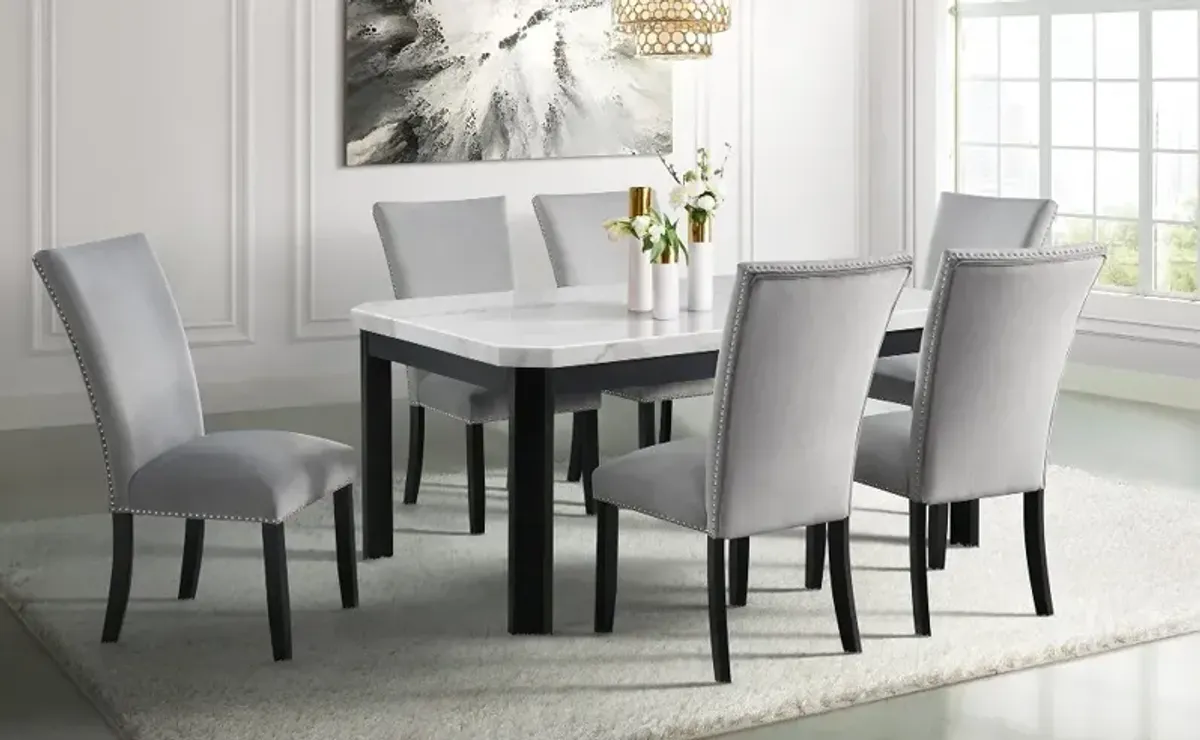 Valentino Marble 5 Piece Dining Set with Gray Velvet Chairs