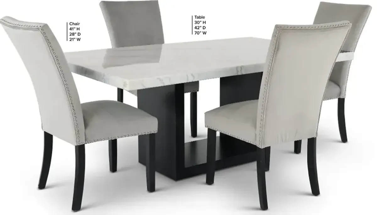 Valentino Marble 5 Piece Dining Set with Gray Velvet Chairs