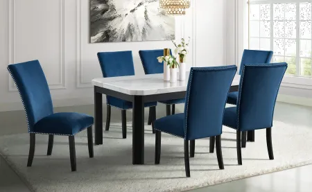 Valentino Marble 5 Piece Dining Set with Blue Velvet Chairs
