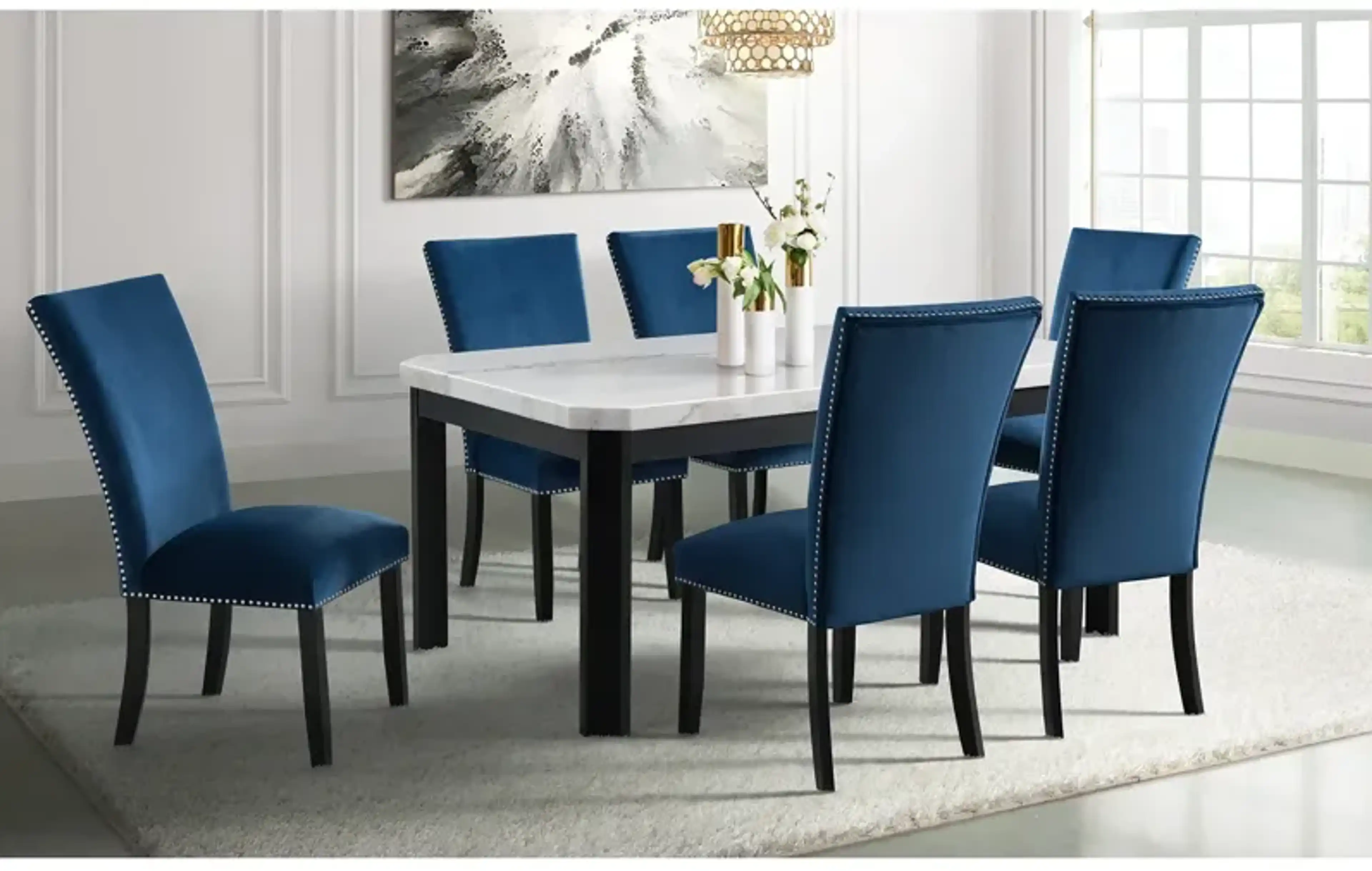 Valentino Marble 5 Piece Dining Set With Blue Velvet Chairs Rc Willey ...