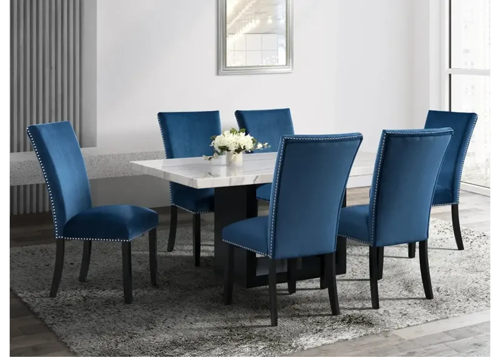 Valentino Marble 5 Piece Dining Set with Blue Velvet Chairs