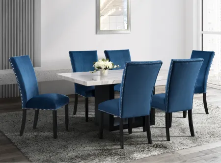 Valentino Marble 5 Piece Dining Set with Blue Velvet Chairs