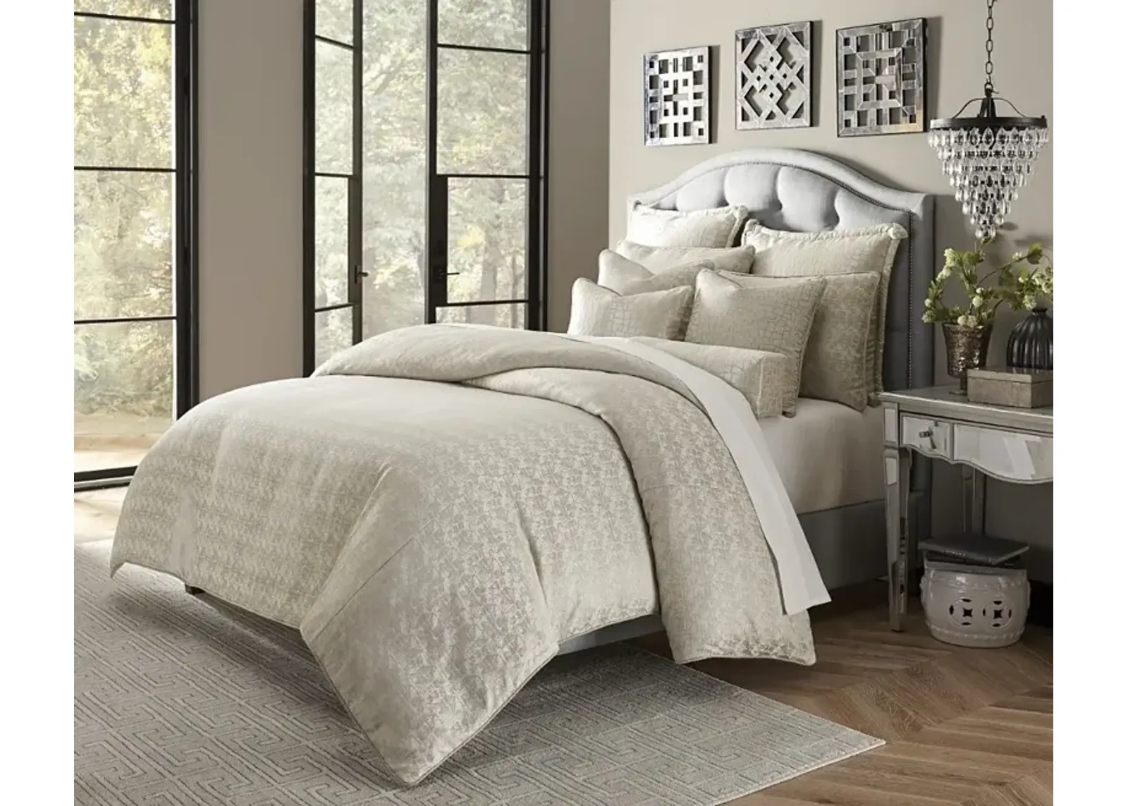 Carlyle Light Gray and Metallic Queen 9 Piece Bedding Collection