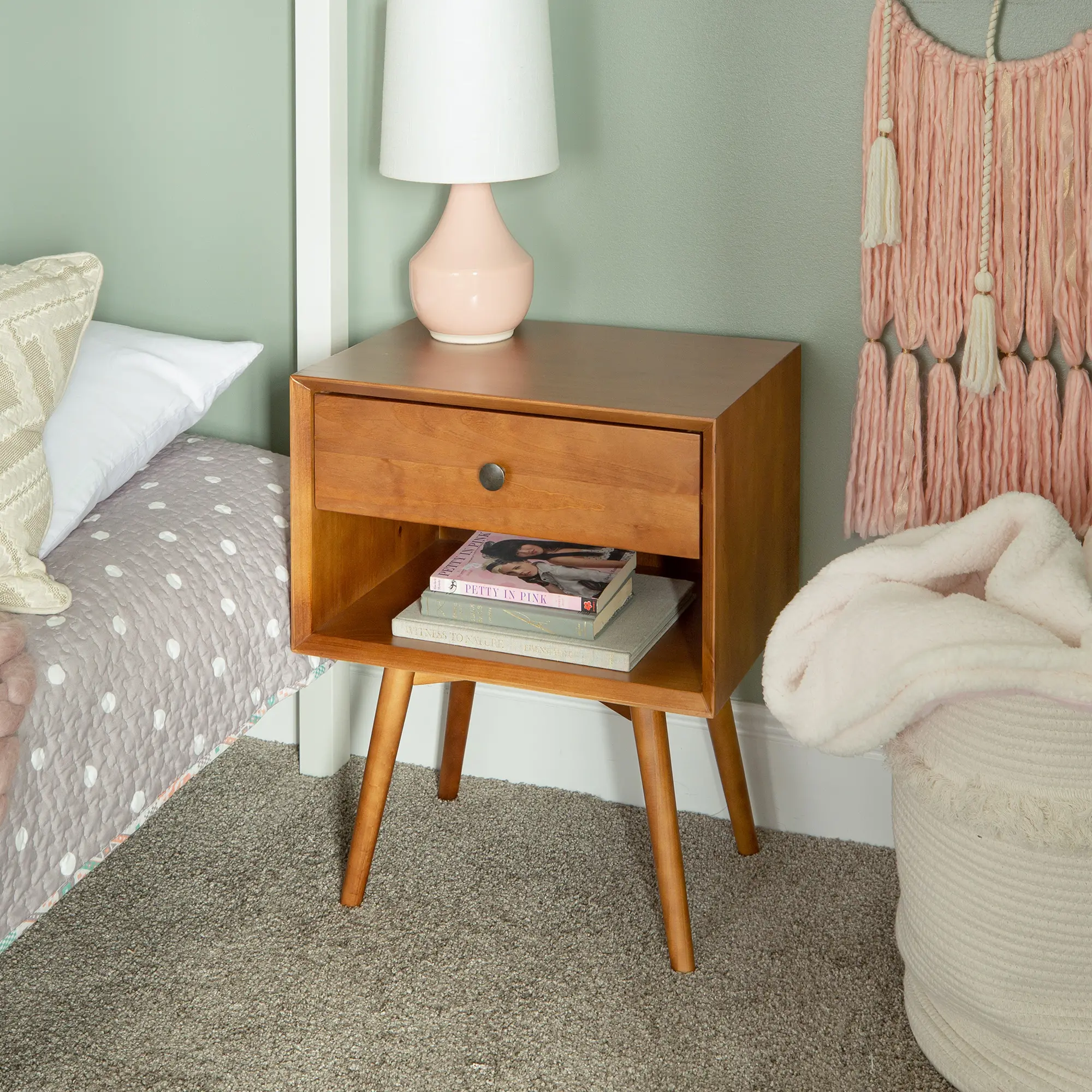 Rosie Mid Century Caramel 1-Drawer Nightstand - Walker Edison