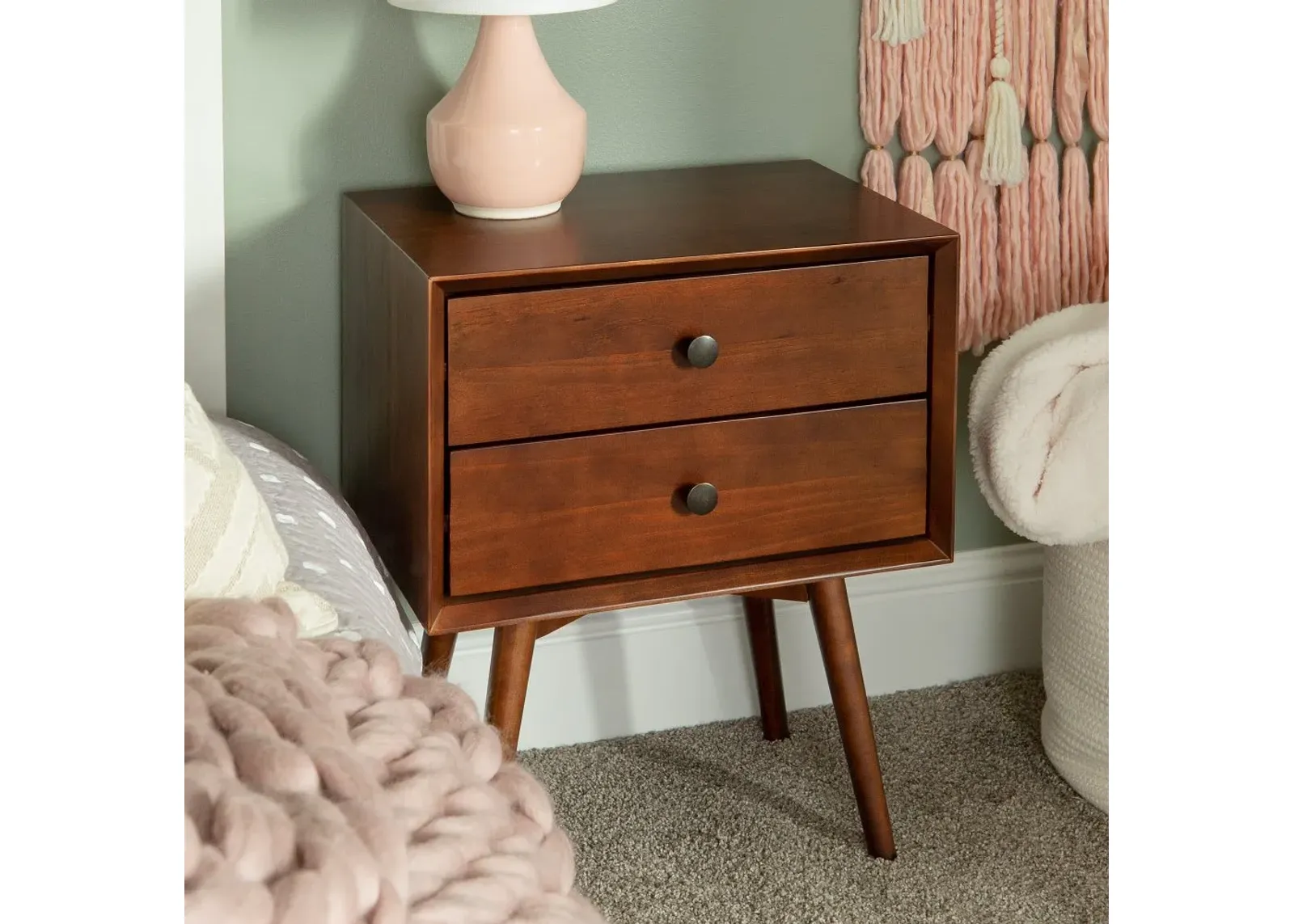 Rosie Mid Century Modern Walnut 2-Drawer Nightstand - Walker Edison