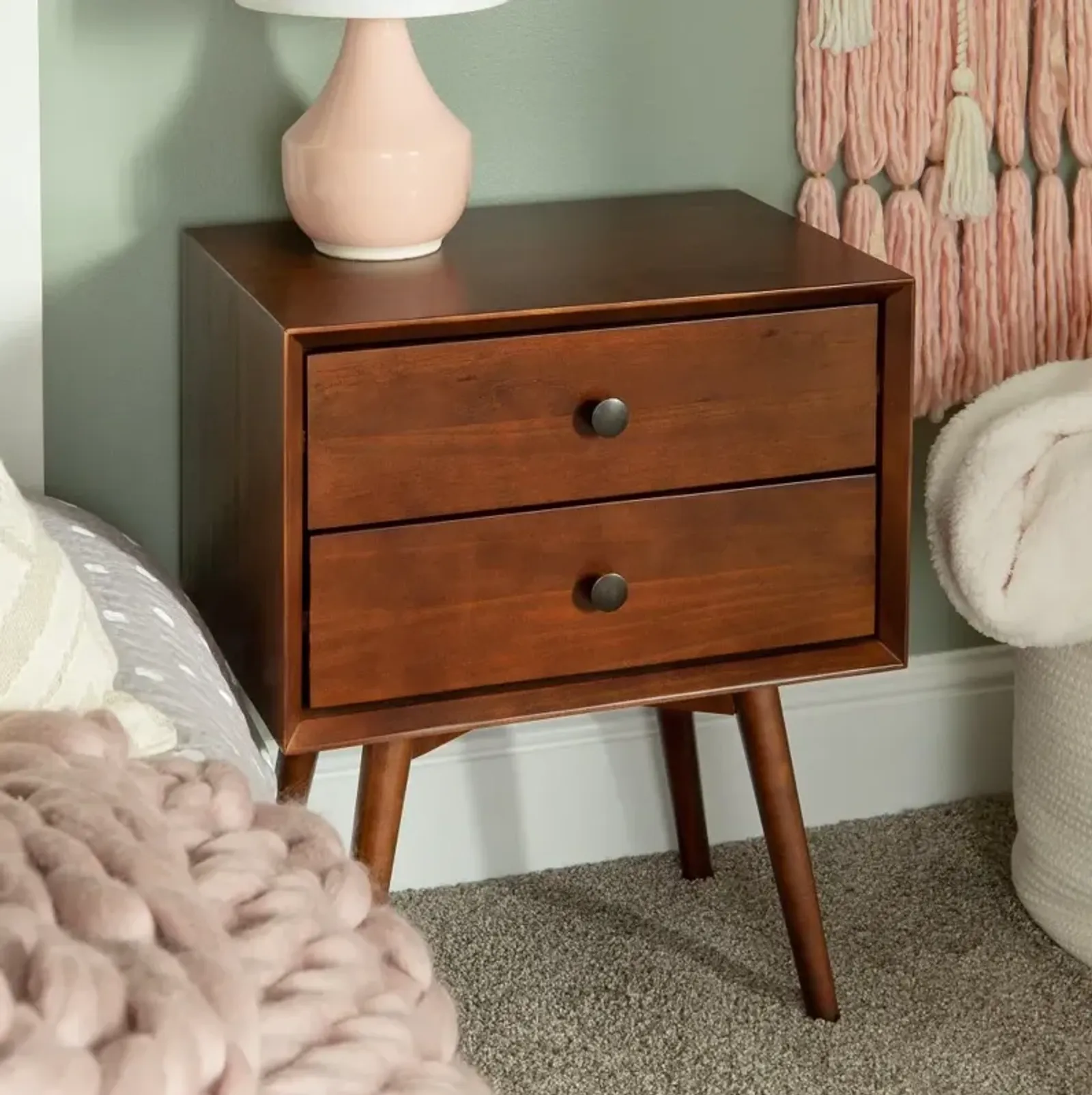 Rosie Mid Century Modern Walnut 2-Drawer Nightstand - Walker Edison