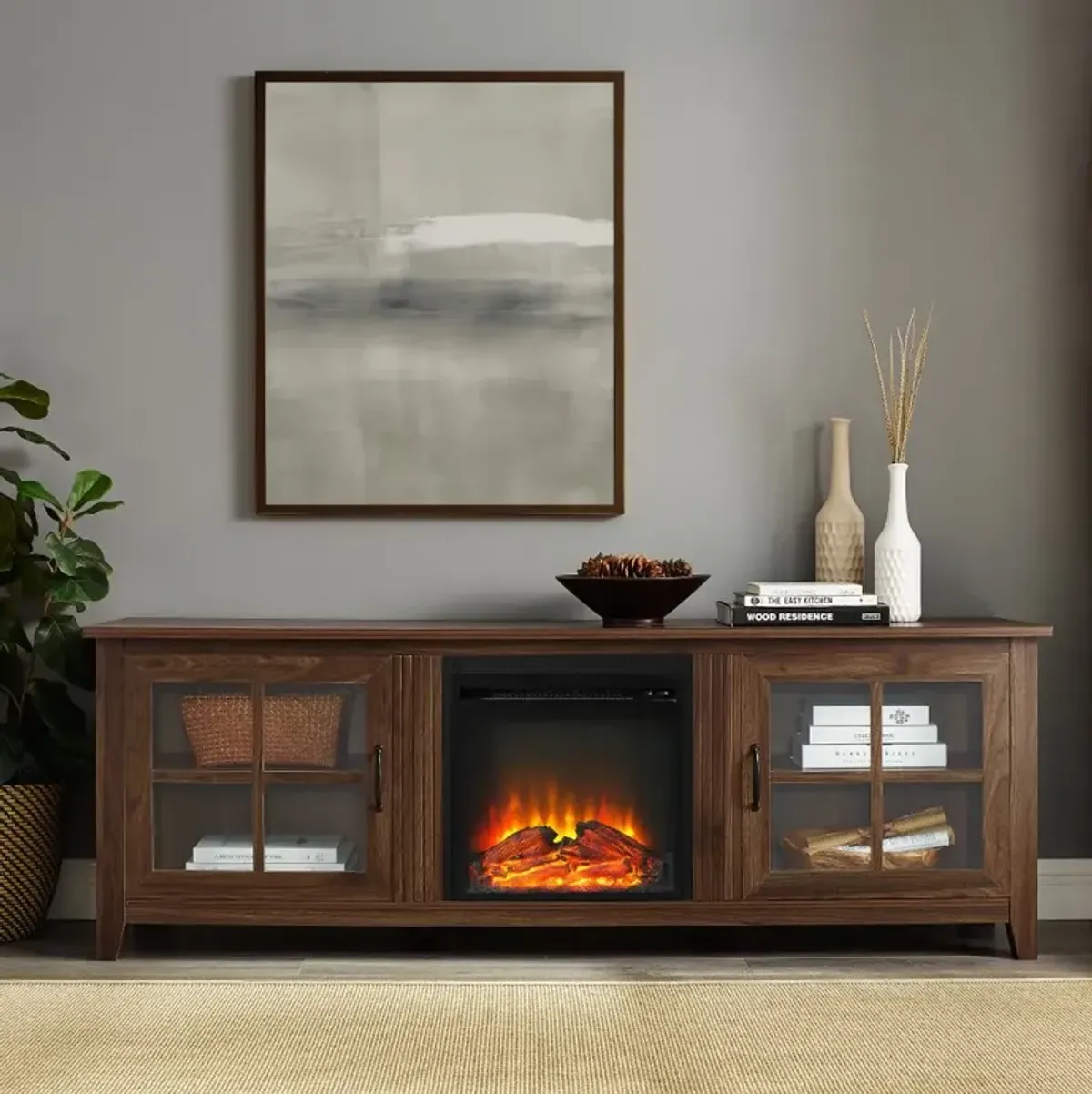 Fallon Dark Walnut 70 Inch Fireplace TV Stand - Walker Edison