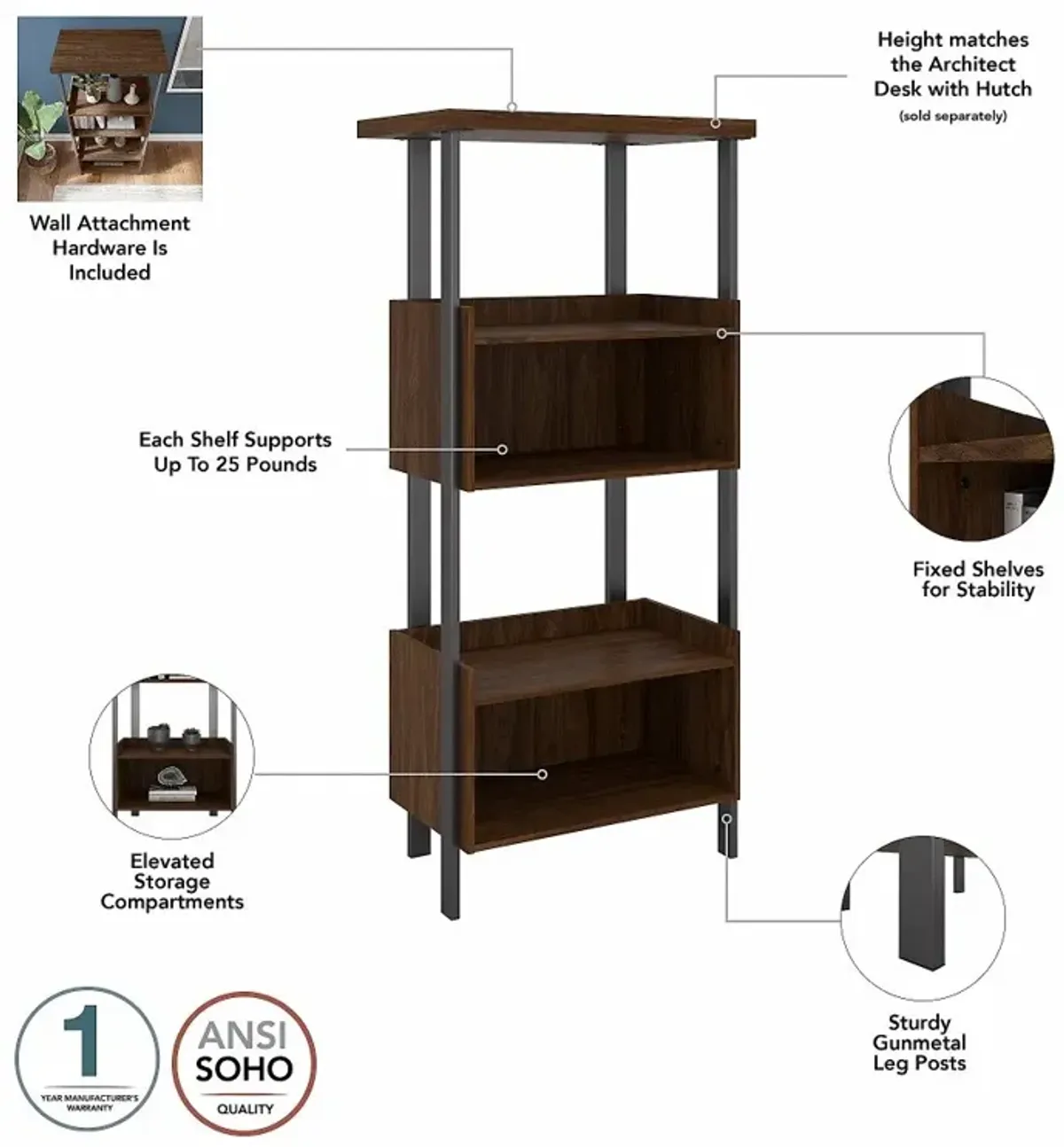 Modern Walnut 4 Shelf Bookcase - Architect