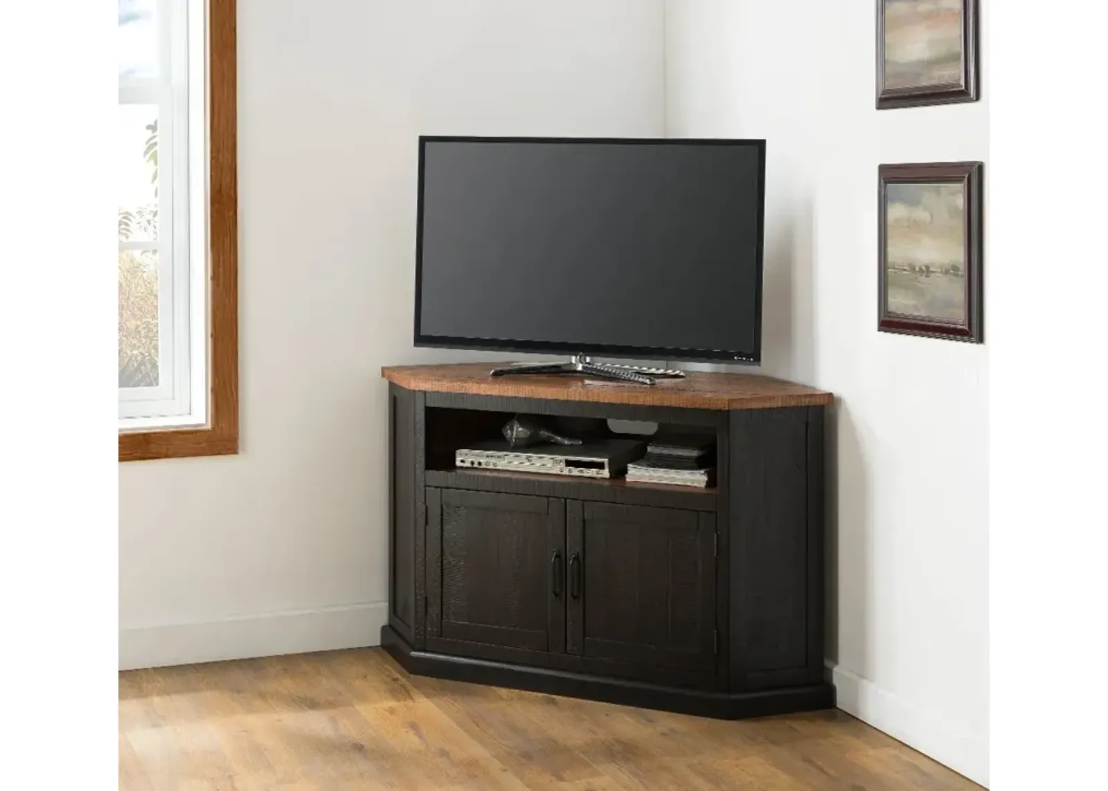 Black and Honey Pine Corner TV Stand