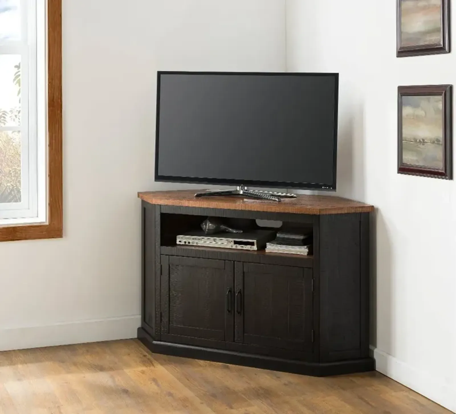 Black and Honey Pine Corner TV Stand