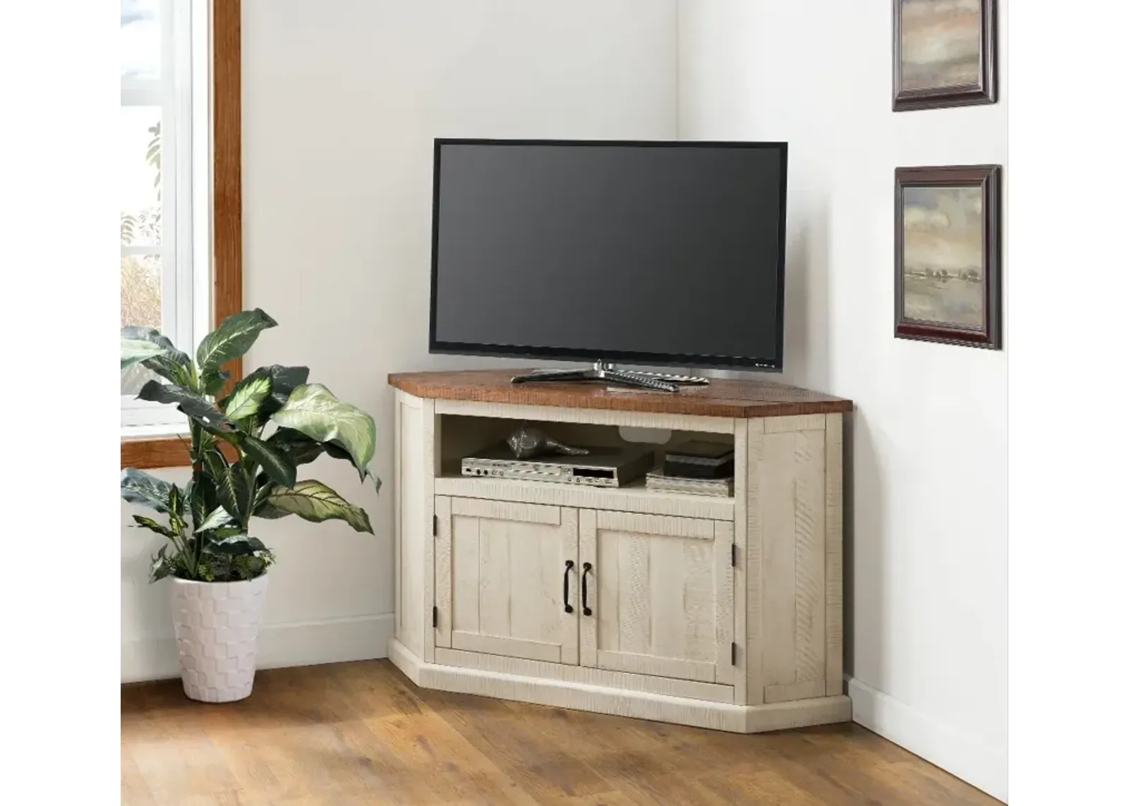 Antique White and Pine Corner TV Stand