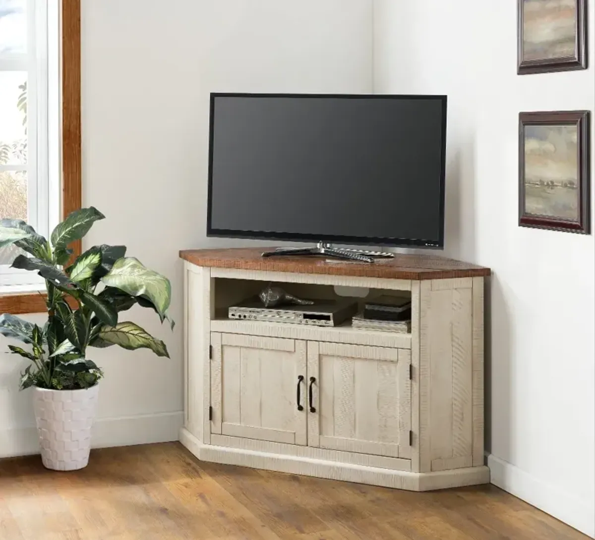 Antique White and Pine Corner TV Stand