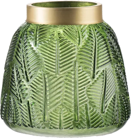 5 Inch Green Etched Leaf Glass Vase