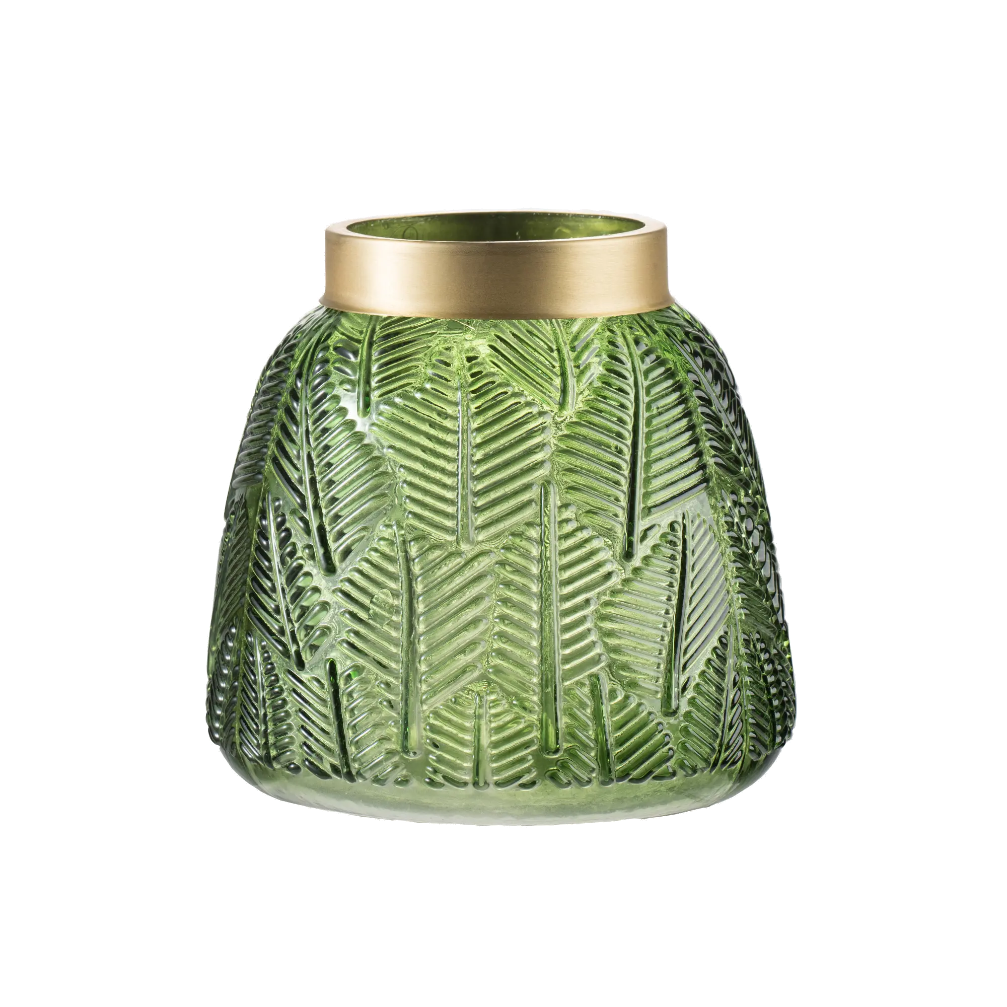 5 Inch Green Etched Leaf Glass Vase