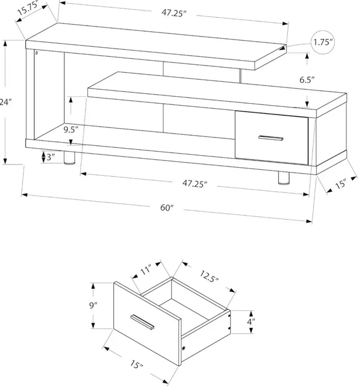 Modern Black and Gray 60 Inch TV Stand