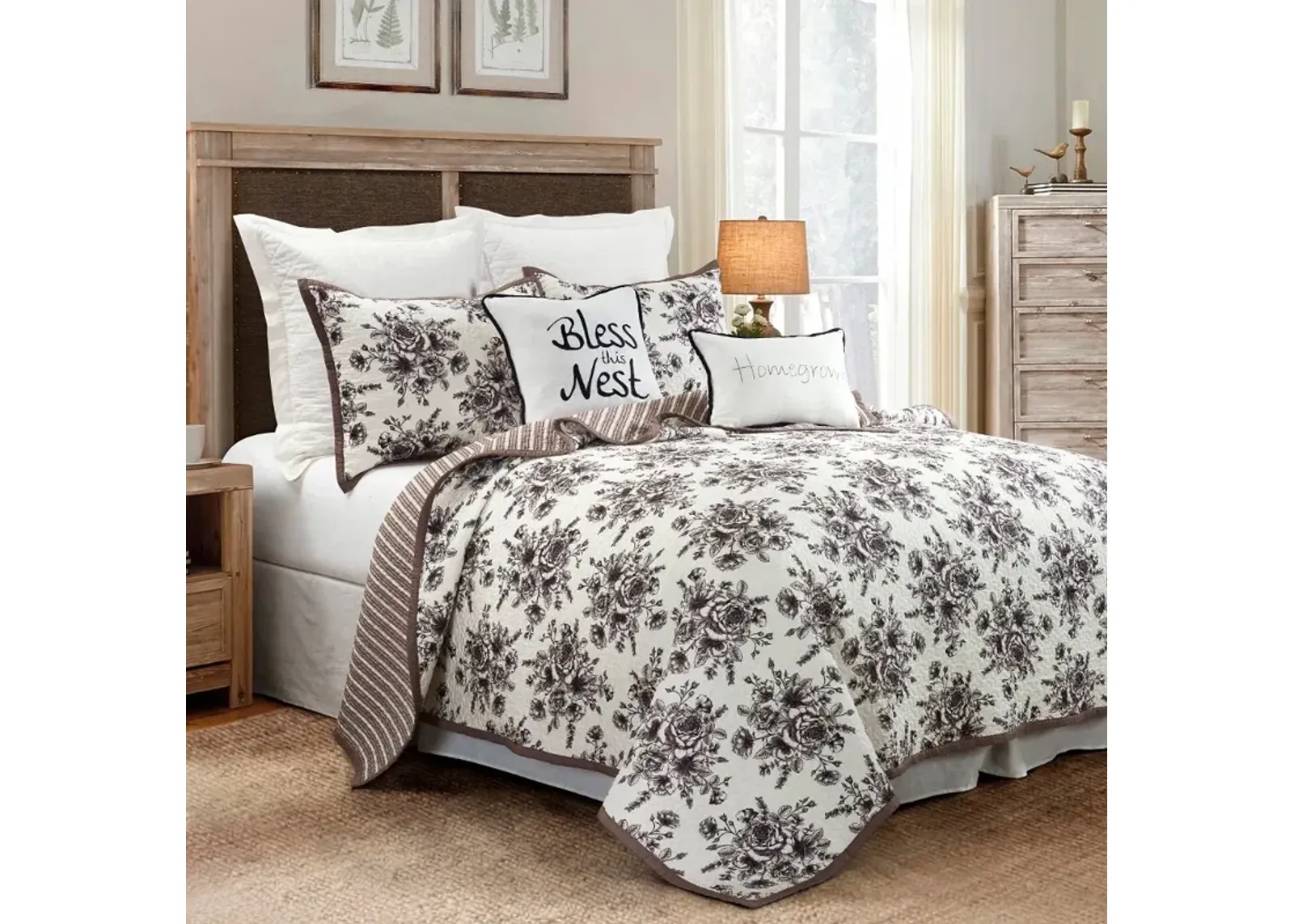 Black, Taupe and White Floral Queen 3 Piece Quilt Set - Lyla