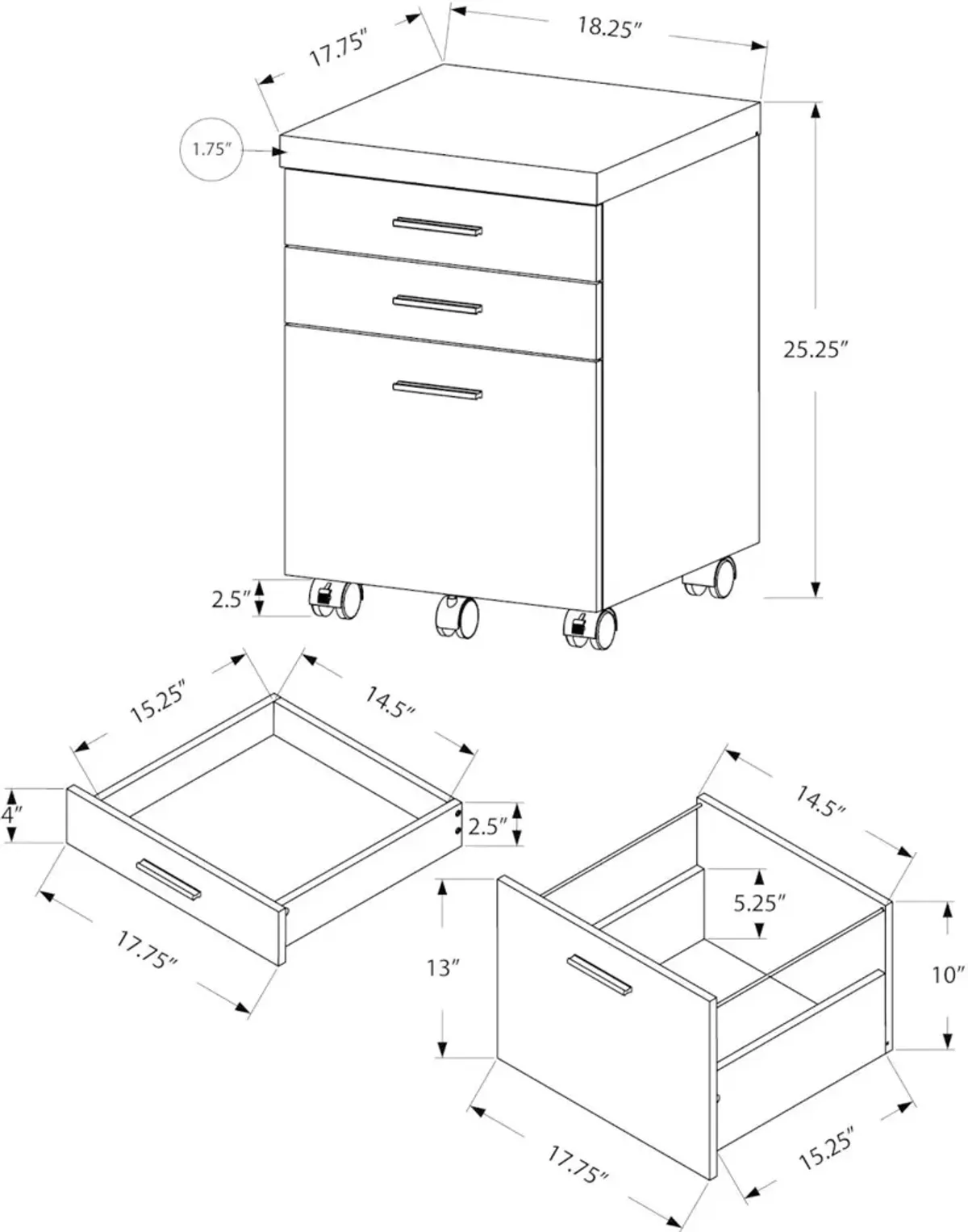 Modern Gray and Black 3 Drawer Filing Cabinet