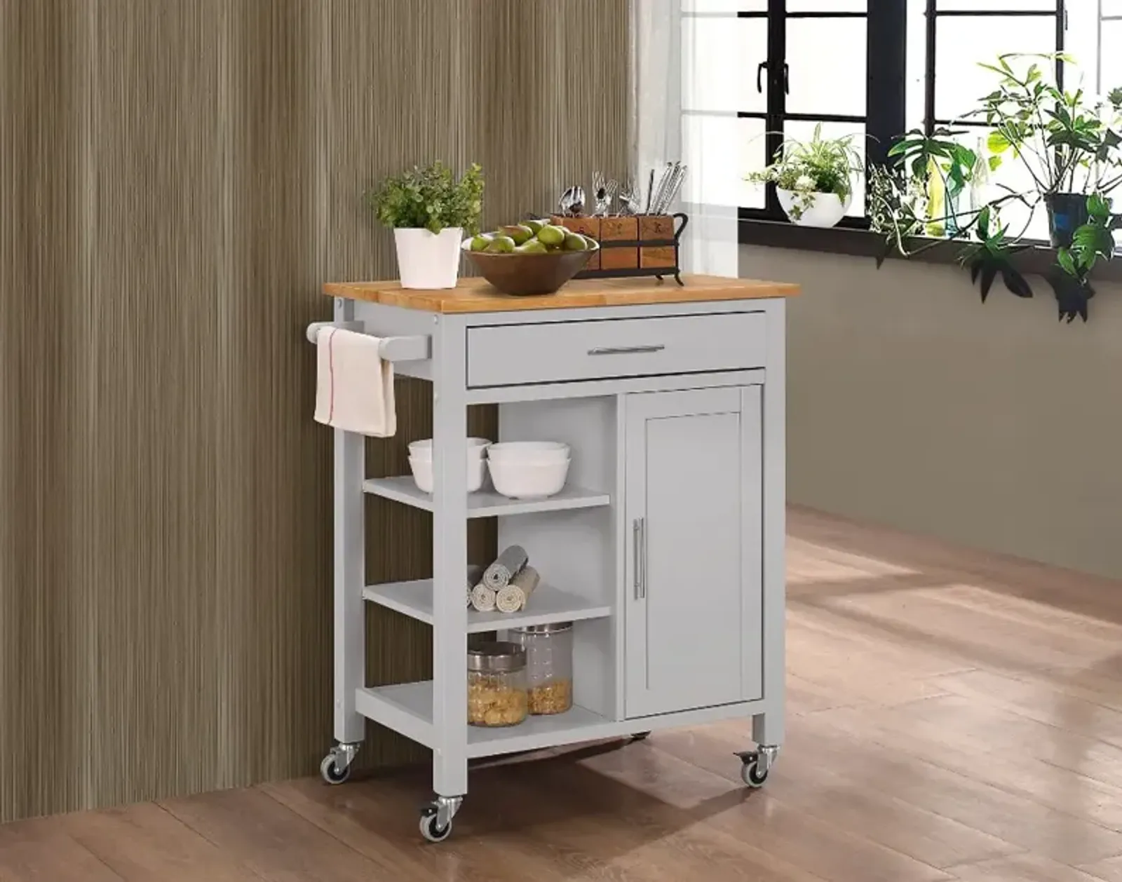 Gray Kitchen Cart with Natural Top - Edmonton