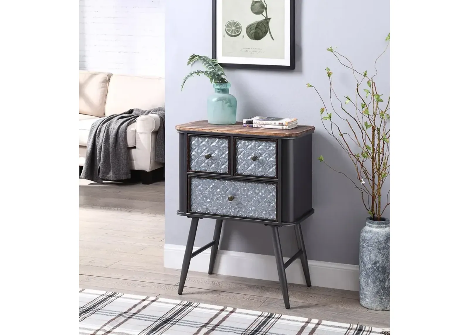 Metal and Wood Gray 3 Drawer Side Table - Forester