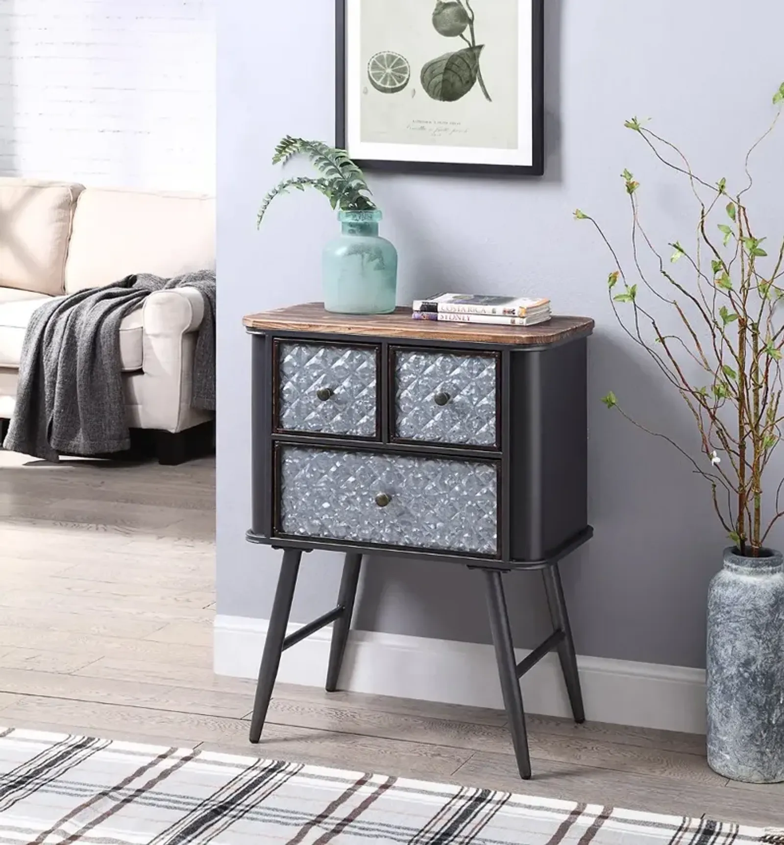 Metal and Wood Gray 3 Drawer Side Table - Forester