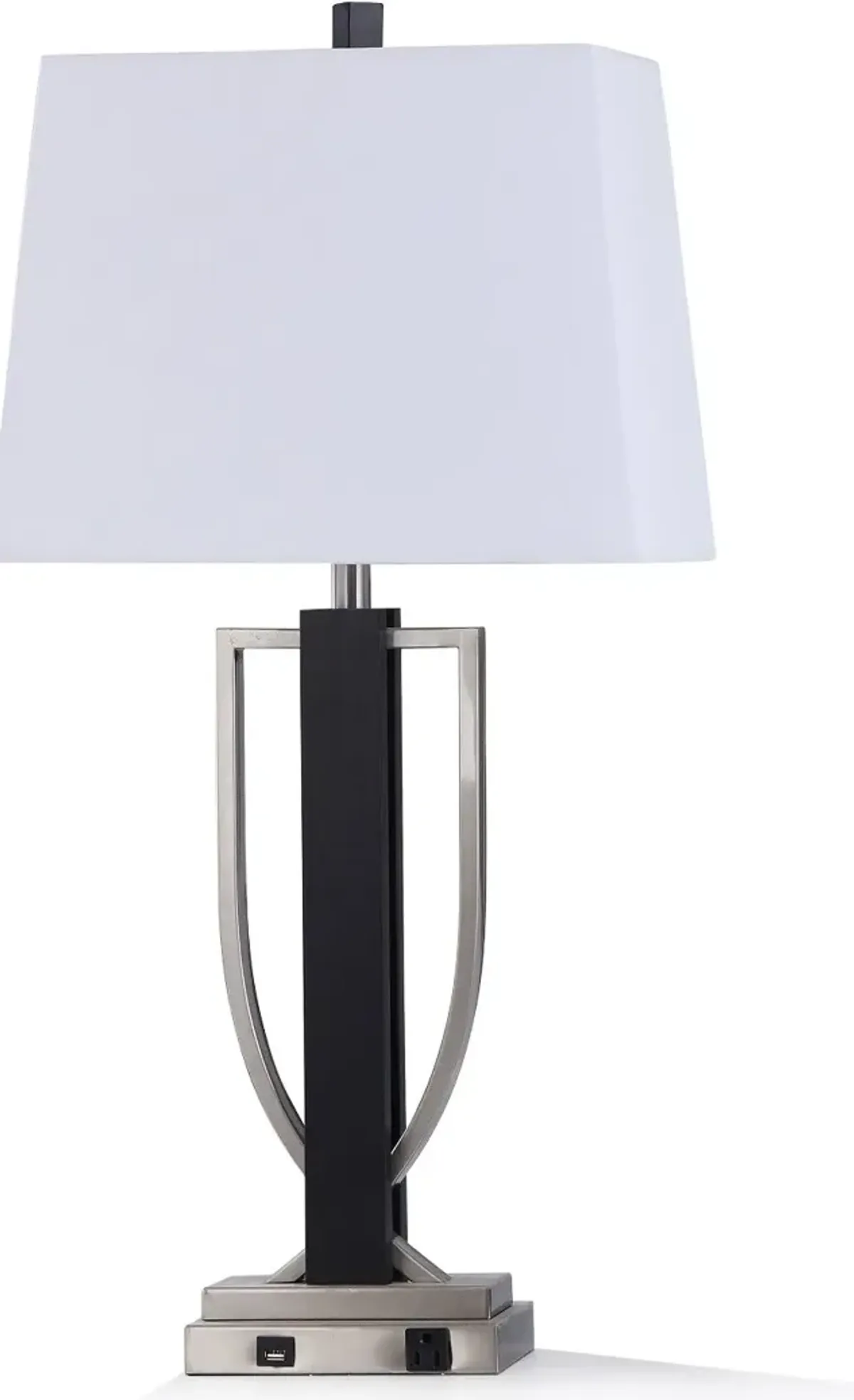 Black Wood and Brushed Steel Metal Table Lamp with USB Outlet