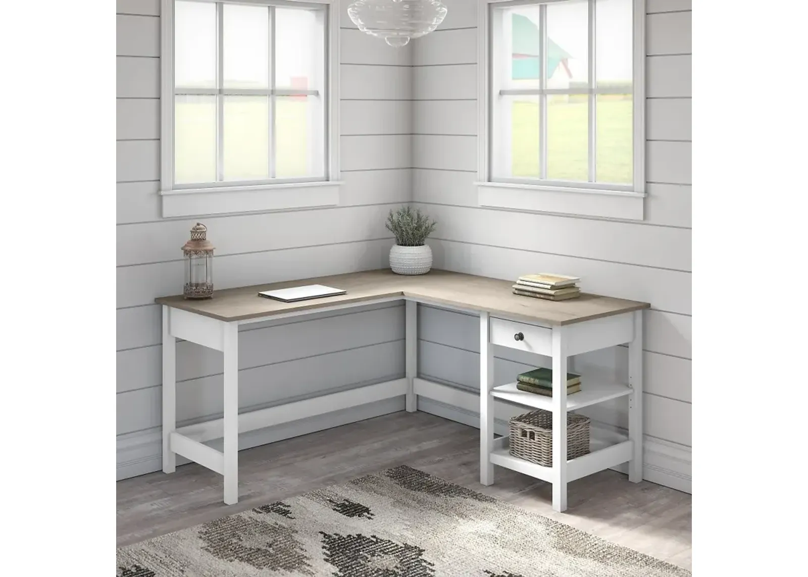 White and Gray Single Pedestal L-Desk - Bush Furniture