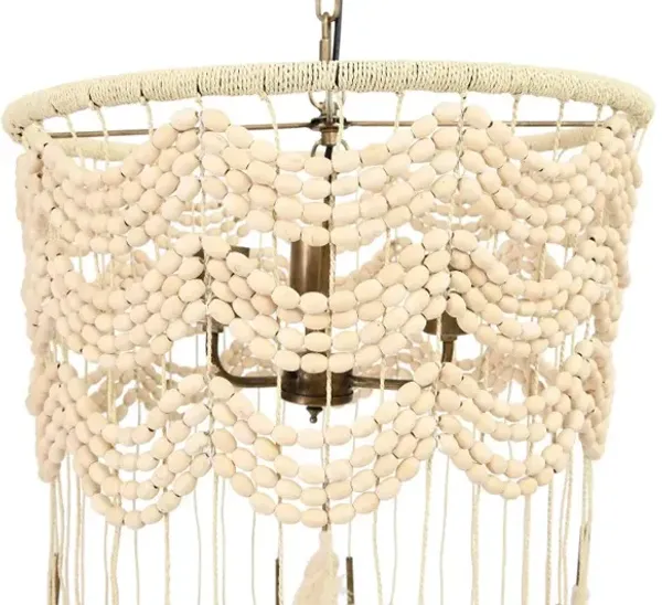 Cotton, Metal and Wood Bead Pendant Lamp with Tassels